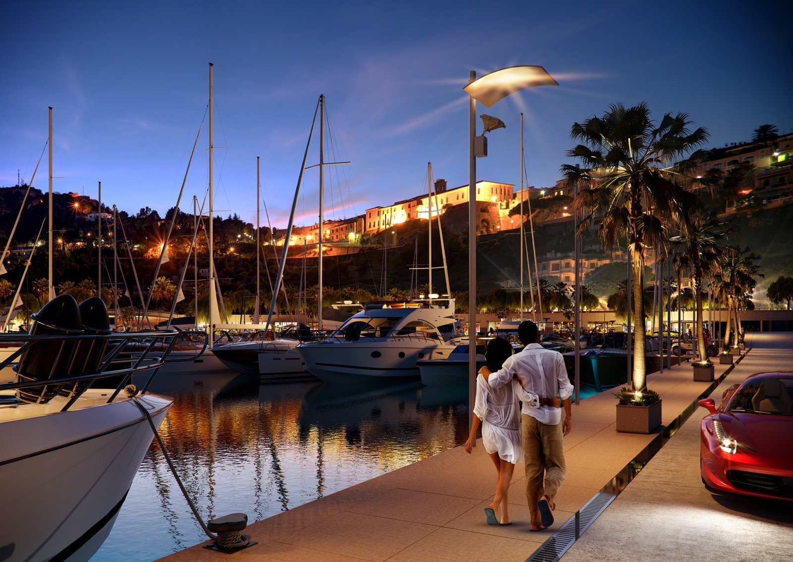 Cala del Forte marina CGI at dusk