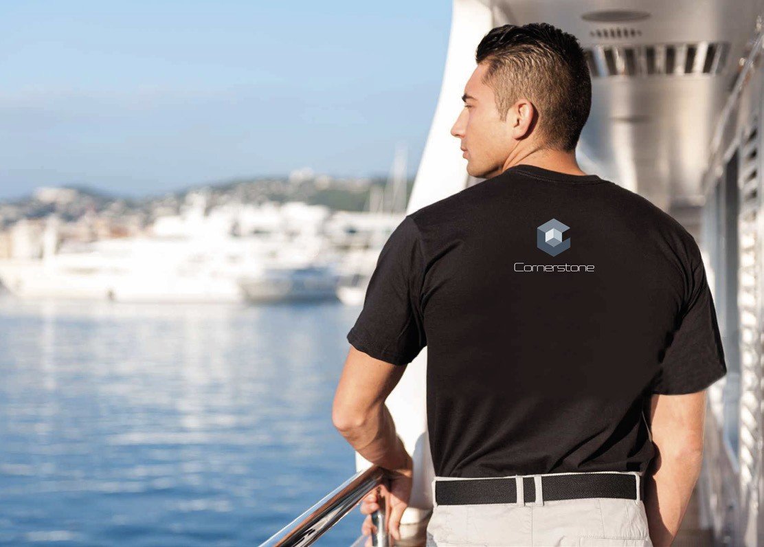 Cornerstone brand on crew shirt