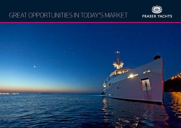 Fraser Yachts brochure cover — yacht at anchor at dusk