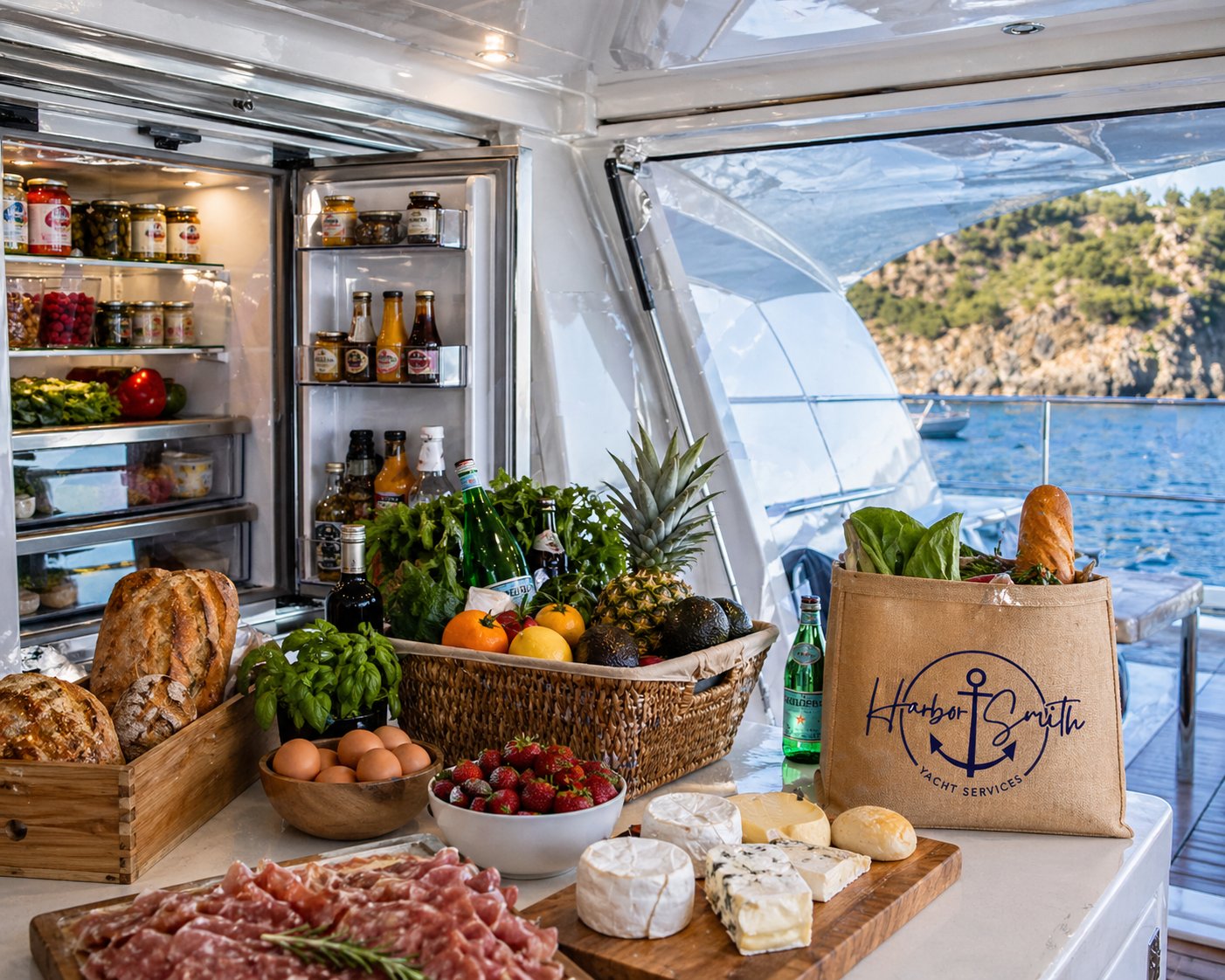 Harbor Smith provisioning aboard — branded tote among fresh provisions