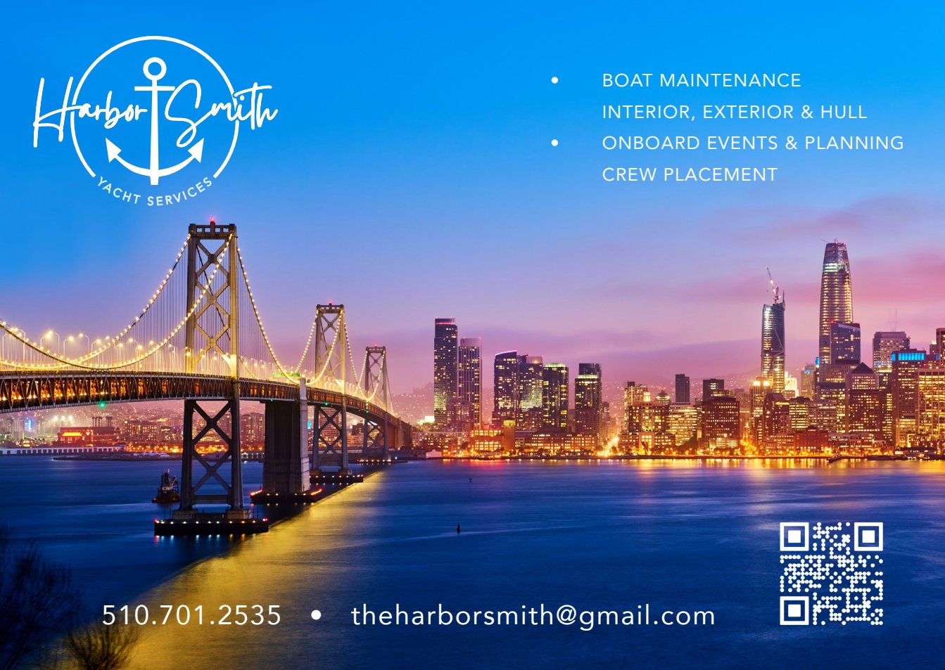 Harbor Smith postcard — Bay Bridge at dusk with services list