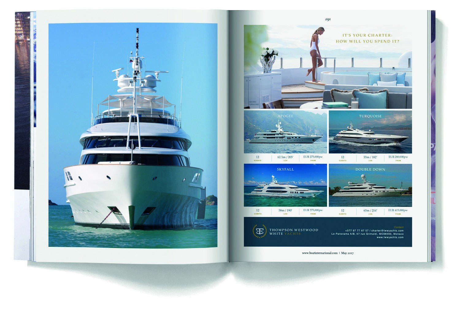 TWW charter catalogue spread — yacht bow and fleet pages